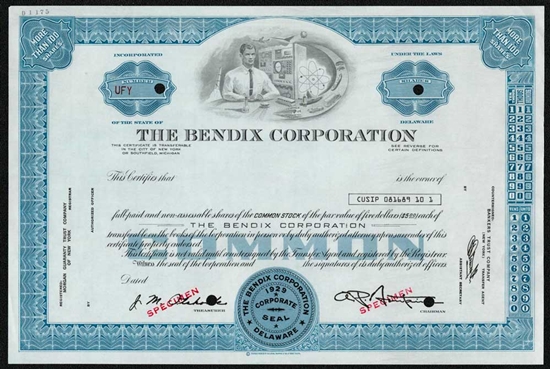 The Bendix Corp Specimen Stock Certificate