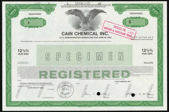 Cain Chemical Inc  Specimen Note Certificate