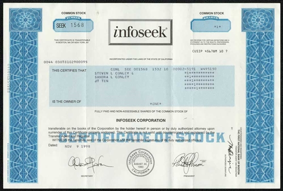 Infoseek  Stock Certificate - Rare