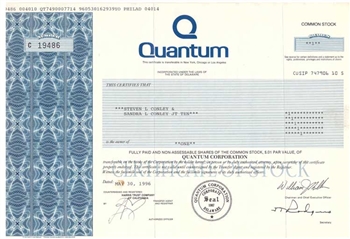 Quantum Corp  Stock Certificate