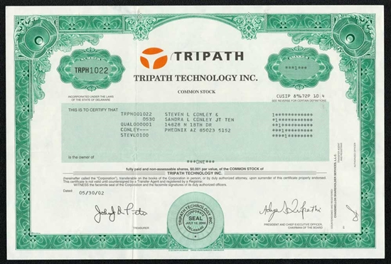 Tripath Technology Inc  Stock Certificate