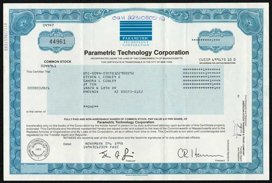 Parametric Technology Corp.  Stock Certificate