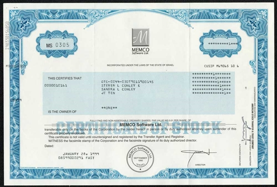 Memco Software ltd.  Stock Certificate