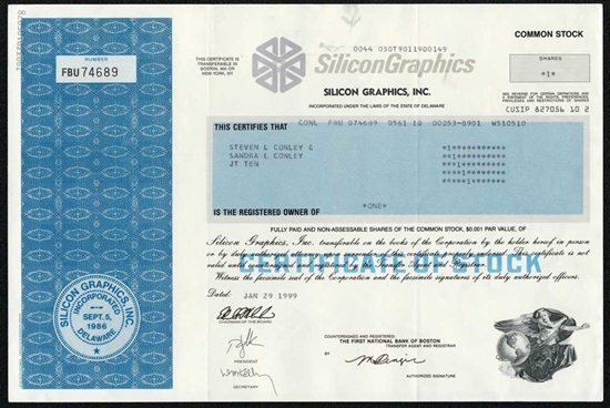 SiliconGraphics Inc. Stock Certificate