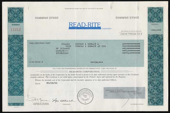 Read-Rite Corp. Stock Certificate