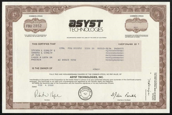 Asyst Technologies Stock Certificate