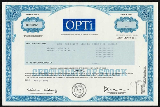 OPTi Inc. Stock Certificate