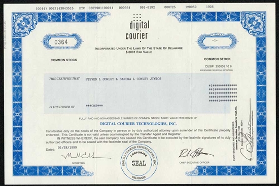 Digital Courier Technologies Stock Certificate