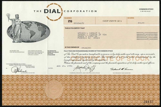 The Dial Corp Stock Certificate