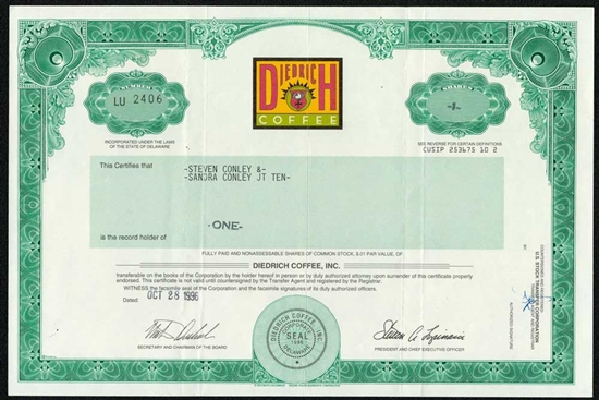 Diedrich Coffee Stock Certificate