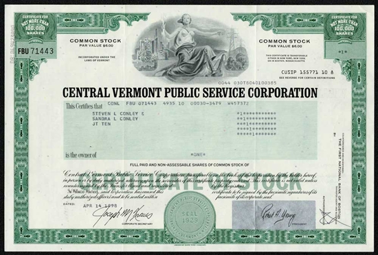 Central Vermont Public Service Stock Certificate