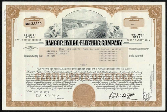 Bangor Hydro-Electric Co Stock Certificate