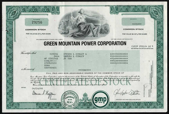 Green Mountain Power Stock Certificate