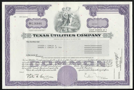 Texas Utilities Company Stock Certificate