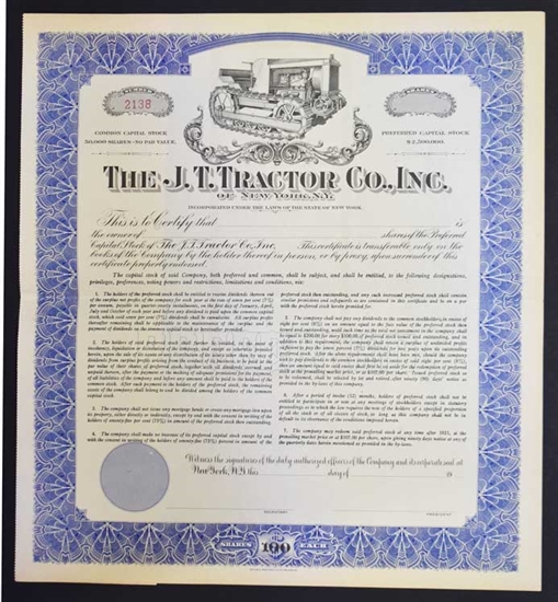 The J.T. Tractor Co. Inc Stock Certificate - Unissued - 1910s