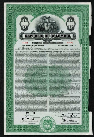 Republic of Colombia Bearer Bond - 1940