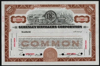 Schenley Distillers Specimen Stock Certificate - Whiskey