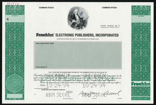 Franklin Electronic Publishers Specimen Stock Certificate