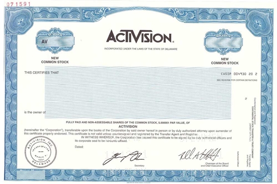 Activision Specimen Stock Certificate - Video Games