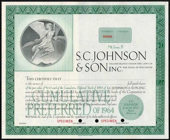 S.C. Johnson & Sons Specimen Stock Certificate - 1967