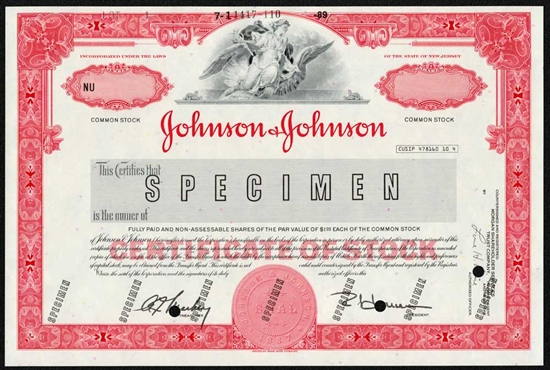 Johnson & Johnson Specimen Stock Certificate - 1989
