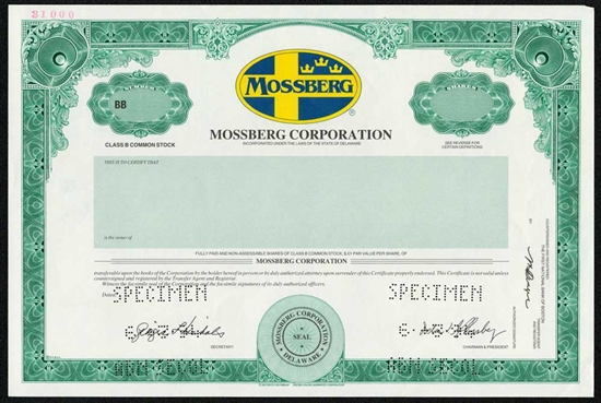 Mossberg Corp Specimen Stock Certificate