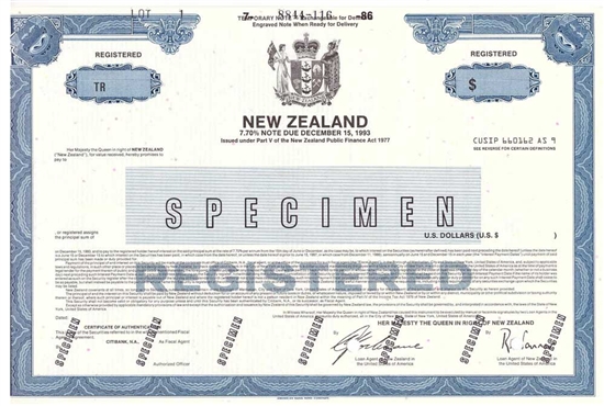 New Zealand Specimen Note Certificate - 1986