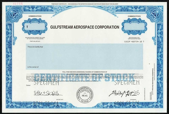 Gulfstream Aerospace Specimen Stock Certificate