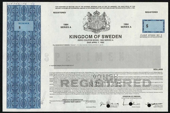 Kingdom of Sweden Specimen Note Certificate