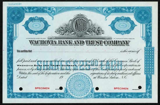 Wachovia Bank & Trust Co Specimen Stock Certificate