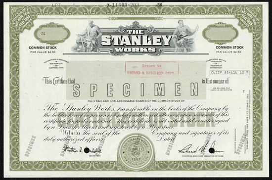 Stanley Works Specimen Stock Certificate - Tools