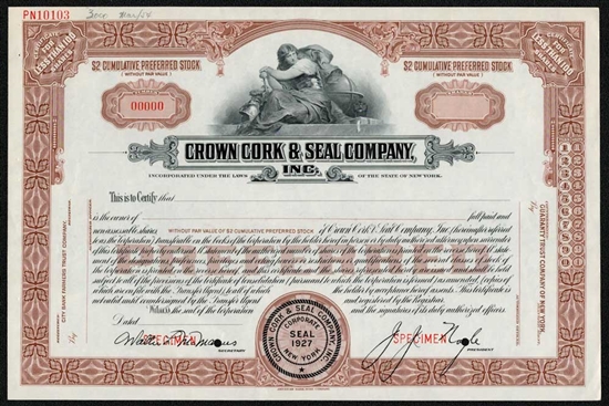 Crown Cork & Seal Specimen Stock Certificate