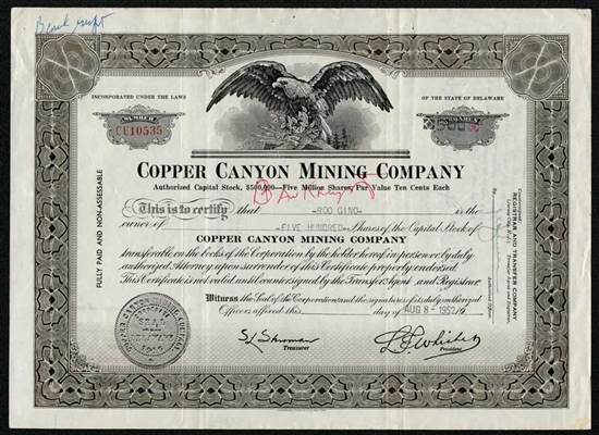 Copper Canyon Mining Company Stock Certificate