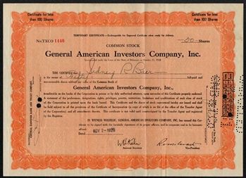 General American Investors Company Stock Certificate