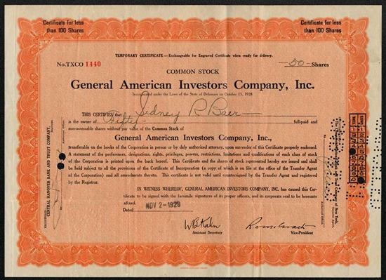 General American Investors Company Stock Certificate