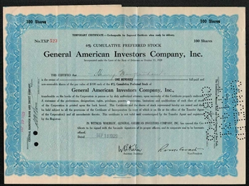 General American Investors Company Stock Certificate