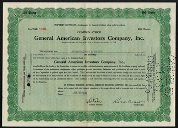 General American Investors Company Stock Certificate