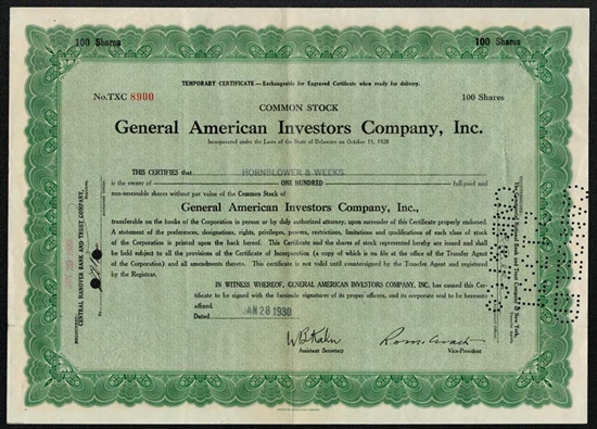 General American Investors Company Stock Certificate