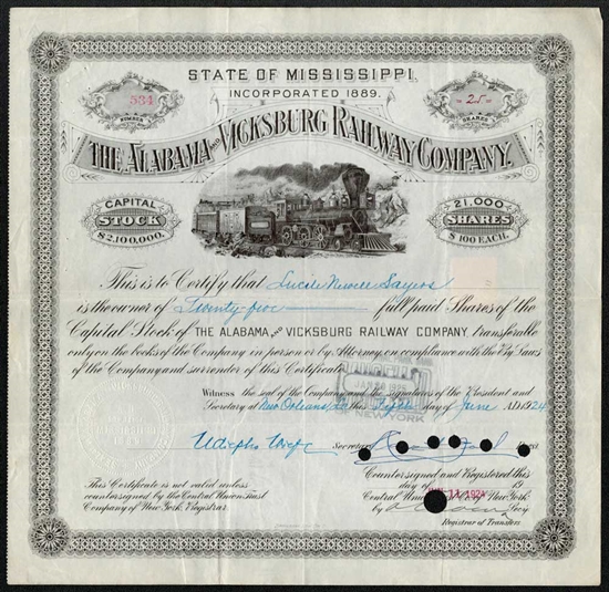 The Alabama and Vicksburg Railway Company Stock Certificate