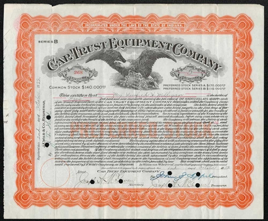 Car Trust Equipment Company Stock Certificate