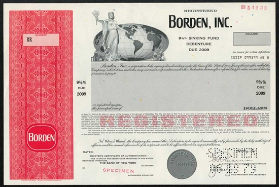 Borden, Inc. Specimen Bond Certificate - 1979