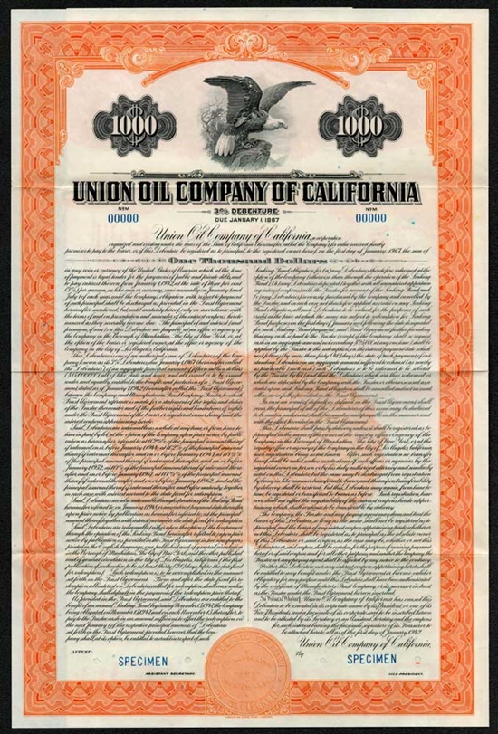 1942 Union Oil Company of California (Unocal) Bearer Bond - Specimen