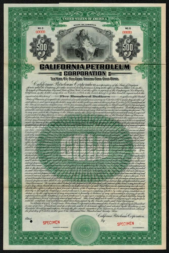 1923 California Petroleum $500 Gold Bond - Specimen - Now Texaco
