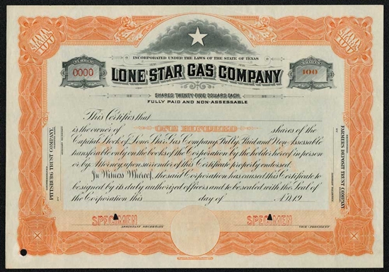 1909 Lone Star Gas Company Specimen Stock Certificate - Rare