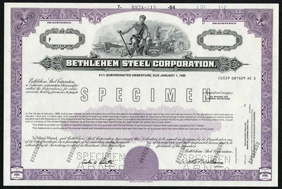 Bethlehem Steel Corp Specimen Certificate