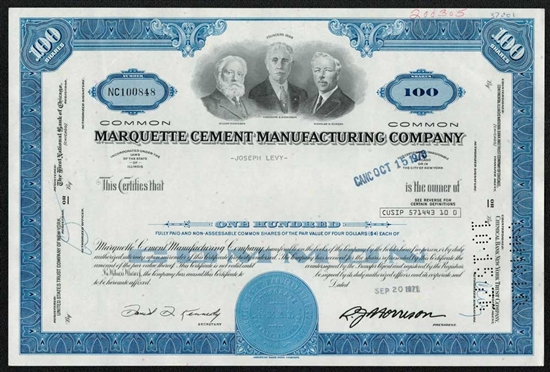 Marquette Cement Manufacturing Company Stock Certificate