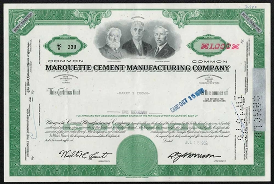 Marquette Cement Manufacturing Company Stock Certificate