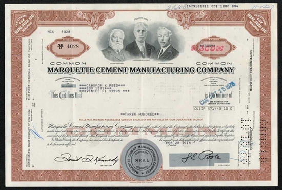 Marquette Cement Manufacturing Company Stock Certificate
