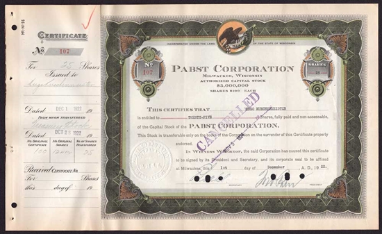 1922 Pabst Corp Stock Certificate Signed by Fred Pabst Jr.