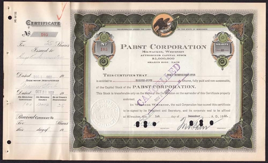 1922 Pabst Corp Stock Certificate Signed by Fred Pabst Jr.